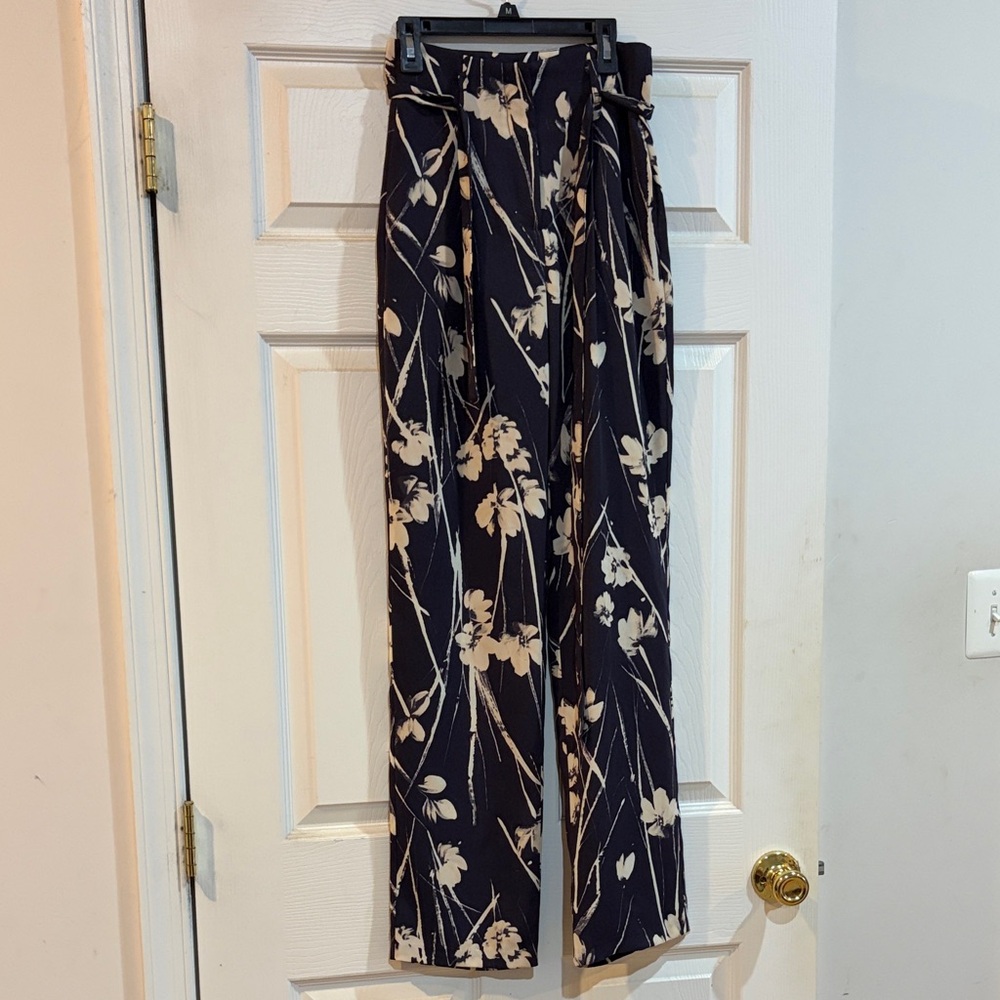 Zara Black and Cream Floral Wide Leg Pants